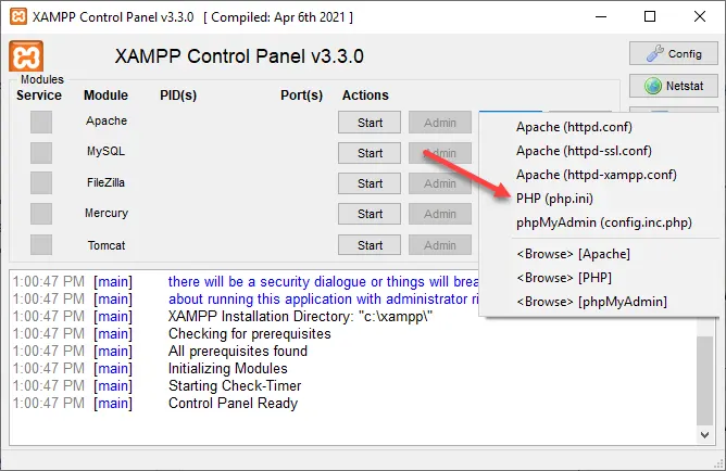 باز کردن فایل php.ini