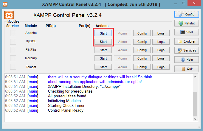 اجرای ماژول های Apache و MySQL