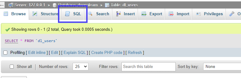 سربرگ SQL در phpmyadmin