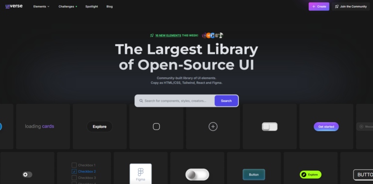 یکی از بهترین منابع برای دسترسی به عناصر طراحی UI آماده، سایت Uiverse.io است.